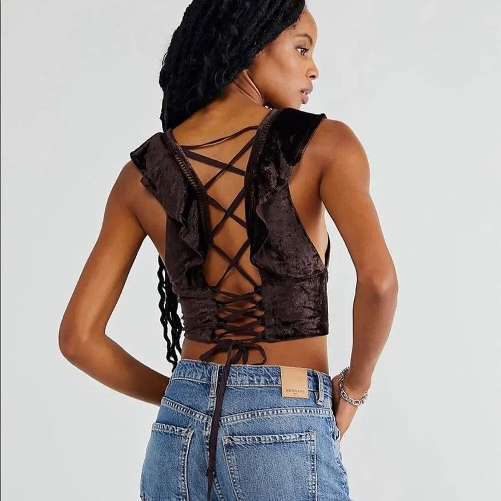 Free People Lillian Velvet Lace Up Tank Top Brown Size XS NWOT